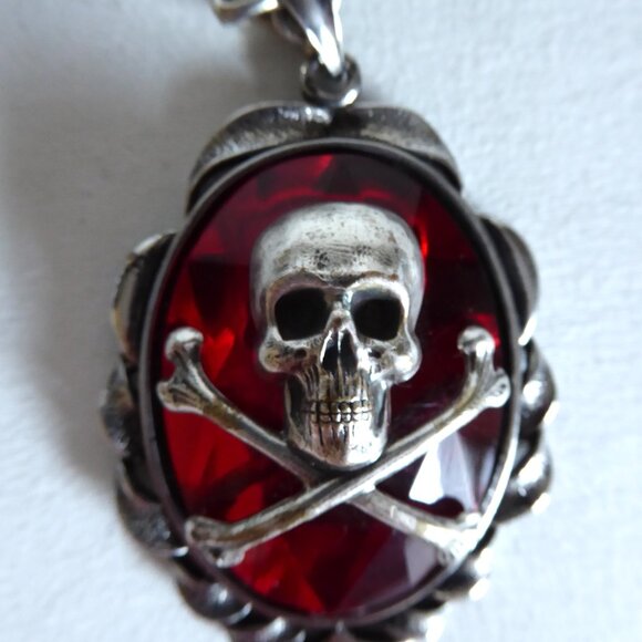 NEW SKULL CROSSBONES BLOOD RED JEWEL PENDANT W/ SILVER 20” CHAIN GOTHIC - Picture 5 of 16